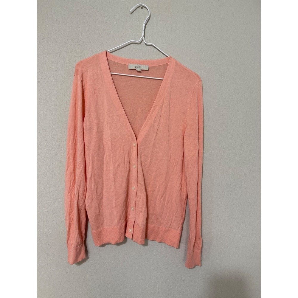 LOFT Cardigan Sweater Women Size M Peach Coral V-Neck Button Front Lightweight